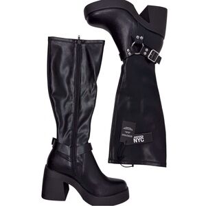 Madden NYC Tall Buckle Platform heeled black vegan leather Boots Women's size 7